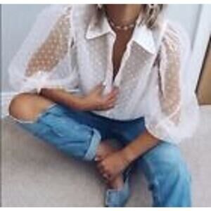 Zara White Organza Puff Sleeve Polka Swiss Dot Semi Sheer Blouse XS